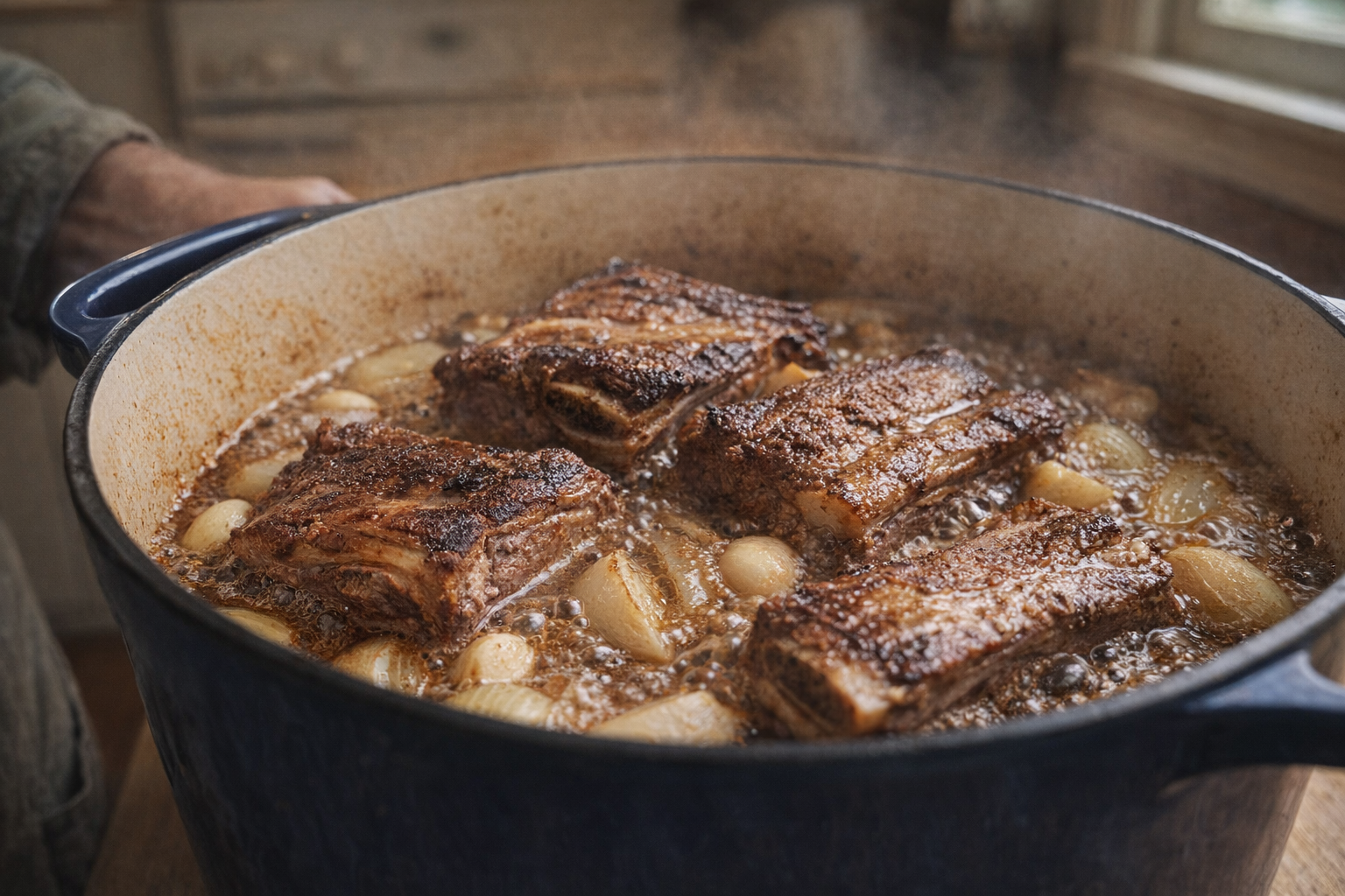 A side-angle shot of beef short ribs braising in a Dutch oven, the liquid bubbling gently, onions and garlic visible, warm light